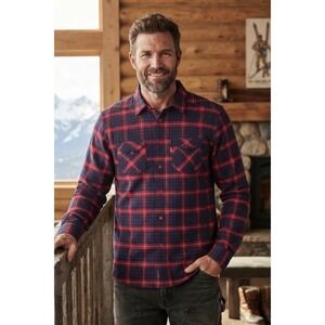 Salomon Mens Plaid Flannel Button Down Shirt Red Navy Blue Size M Long Sleeve